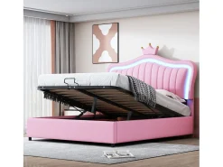 Cama de arrumação em pele sintética 140x200 cm - com LED e base de ripas - Rosa