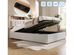 Cama de arrumação 140x200 cm em tecido de linho - cabeceira ajustável com tomadas - com base de ripas - Bege