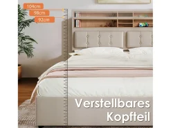 Cama de arrumação 140x200 cm em tecido de linho - cabeceira ajustável com tomadas - com base de ripas - Bege