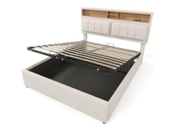 Cama de arrumação 140x200 cm em tecido de linho - cabeceira ajustável com tomadas - com base de ripas - Bege