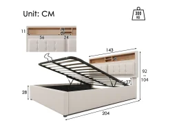 Cama de arrumação 140x200 cm em tecido de linho - cabeceira ajustável com tomadas - com base de ripas - Bege