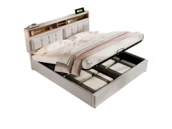 Cama de arrumação 140x200 cm em tecido de linho - cabeceira ajustável com tomadas - com base de ripas - Bege