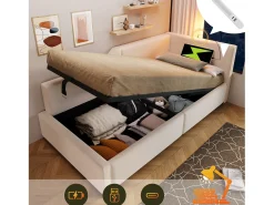 Cama de arrumação 90x200cm - Sofá cama em veludo - com luz de leitura e portas de carregamento - com base de ripas - Bege