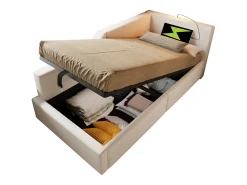 Cama de arrumação 90x200cm - Sofá cama em veludo - com luz de leitura e portas de carregamento - com base de ripas - Bege