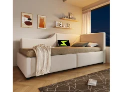 Cama de arrumação 90x200cm - Sofá cama em veludo - com luz de leitura e portas de carregamento - com base de ripas - Bege