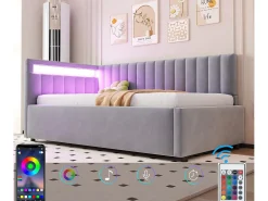 Cama de arrumação 90x200cm com LED - tecido em veludo - Cinza claro