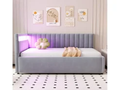 Cama de arrumação 90x200cm com LED - tecido em veludo - Cinza claro