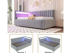 Cama de arrumação 90x200cm com LED - tecido em veludo - Cinza claro