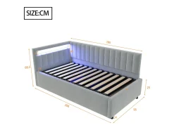 Cama de arrumação 90x200cm com LED - tecido em veludo - Cinza claro