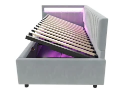 Cama de arrumação 90x200cm com LED - tecido em veludo - Cinza claro