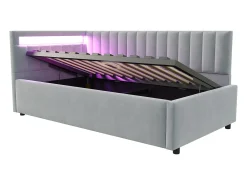 Cama de arrumação 90x200cm com LED - tecido em veludo - Cinza claro