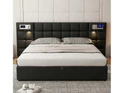 Cama de arrumação 180x200cm tecido de pele sintética - com porta USB, carregamento sem fios e LED - com base de ripas - Preto