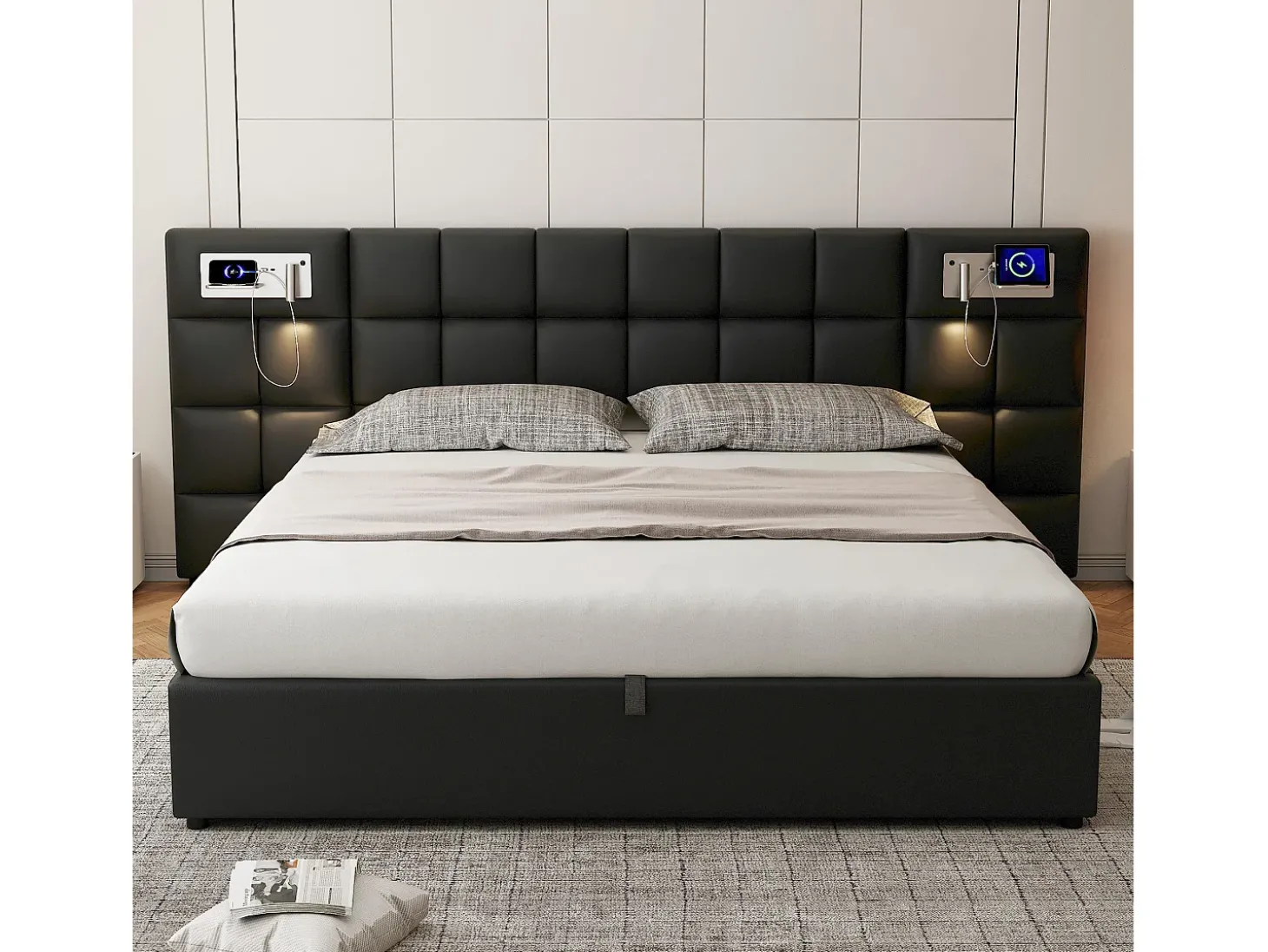 Cama de arrumação 180x200cm tecido de pele sintética - com porta USB, carregamento sem fios e LED - com base de ripas - Preto