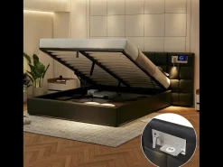 Cama de arrumação 180x200cm tecido de pele sintética - com porta USB, carregamento sem fios e LED - com base de ripas - Preto