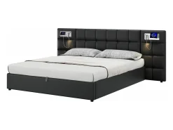 Cama de arrumação 180x200cm tecido de pele sintética - com porta USB, carregamento sem fios e LED - com base de ripas - Preto