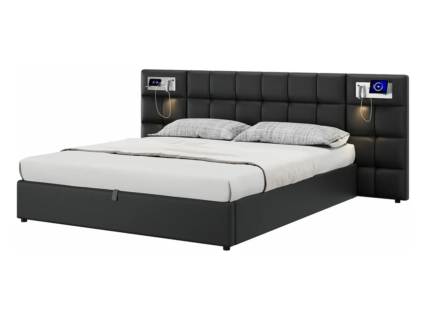 Cama de arrumação 180x200cm tecido de pele sintética - com porta USB, carregamento sem fios e LED - com base de ripas - Preto