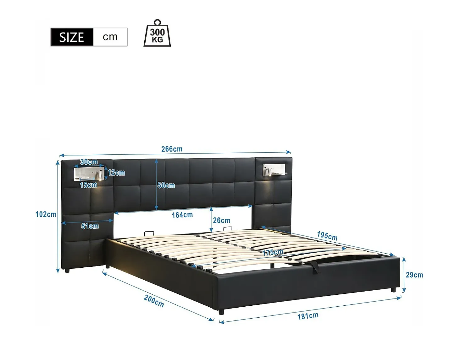 Cama de arrumação 180x200cm tecido de pele sintética - com porta USB, carregamento sem fios e LED - com base de ripas - Preto