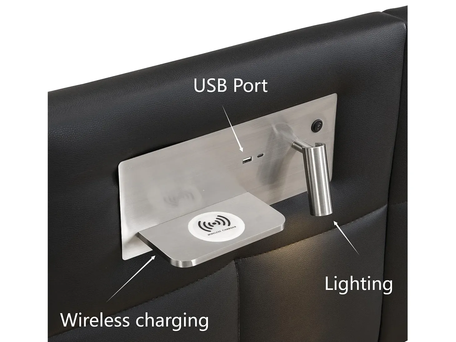 Cama de arrumação 180x200cm tecido de pele sintética - com porta USB, carregamento sem fios e LED - com base de ripas - Preto