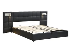 Cama de arrumação 180x200cm tecido de pele sintética - com porta USB, carregamento sem fios e LED - com base de ripas - Preto