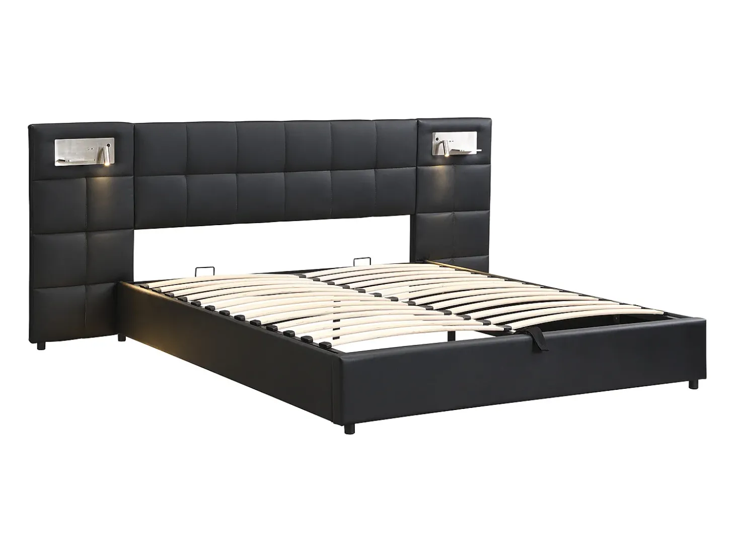 Cama de arrumação 180x200cm tecido de pele sintética - com porta USB, carregamento sem fios e LED - com base de ripas - Preto