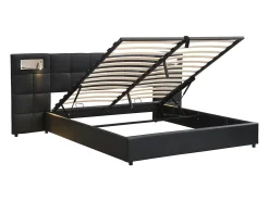 Cama de arrumação 180x200cm tecido de pele sintética - com porta USB, carregamento sem fios e LED - com base de ripas - Preto