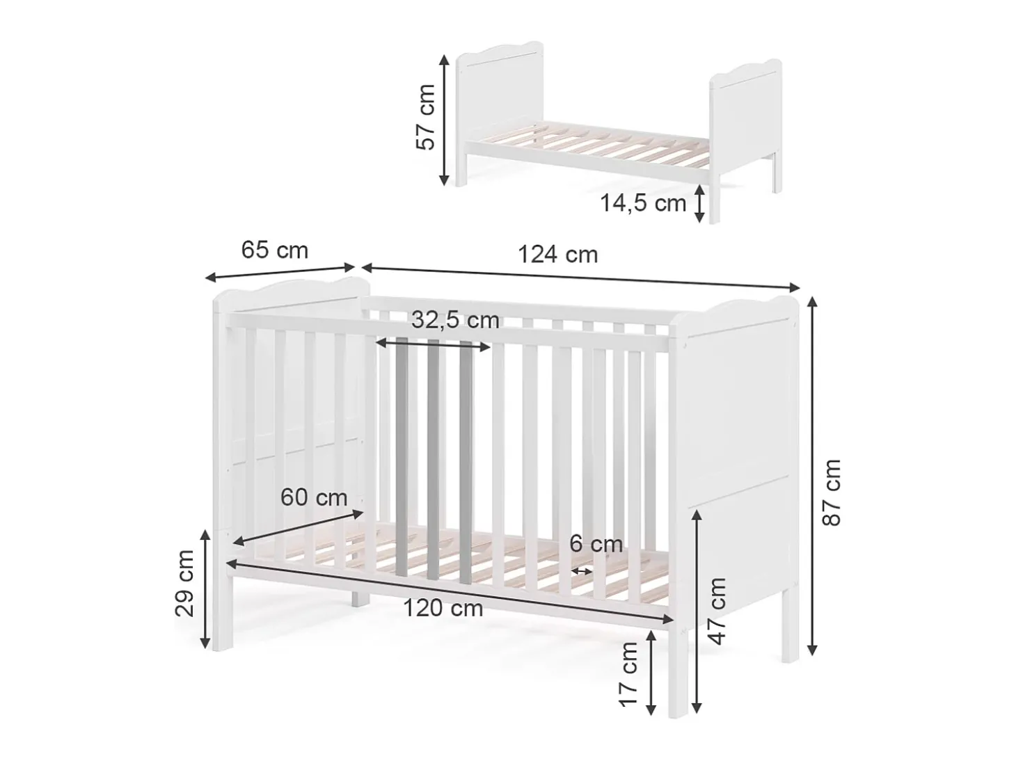 Cama de bebé branco 124x65x87 tobi
