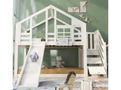 Cama de beliche para crianças - com escada de armazenamento e slide - cama de cabine 2 x 90 x 200 cm - Pino + MDF - Branco