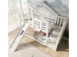 Cama de beliche para crianças - com escada de armazenamento e slide - cama de cabine 2 x 90 x 200 cm - Pino + MDF - Branco