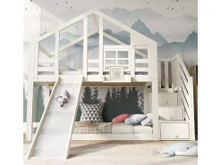 Cama de beliche para crianças - com escada de armazenamento e slide - cama de cabine 2 x 90 x 200 cm - Pino + MDF - Branco