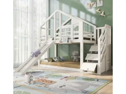 Cama de beliche para crianças - com escada de armazenamento e slide - cama de cabine 2 x 90 x 200 cm - Pino + MDF - Branco