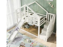 Cama de beliche para crianças - com escada de armazenamento e slide - cama de cabine 2 x 90 x 200 cm - Pino + MDF - Branco