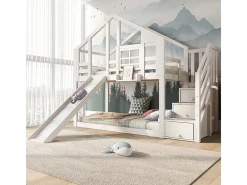 Cama de beliche para crianças - com escada de armazenamento e slide - cama de cabine 2 x 90 x 200 cm - Pino + MDF - Branco