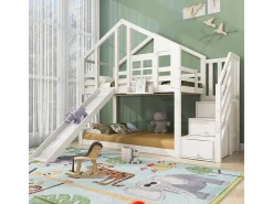 Cama de beliche para crianças - com escada de armazenamento e slide - cama de cabine 2 x 90 x 200 cm - Pino + MDF - Branco