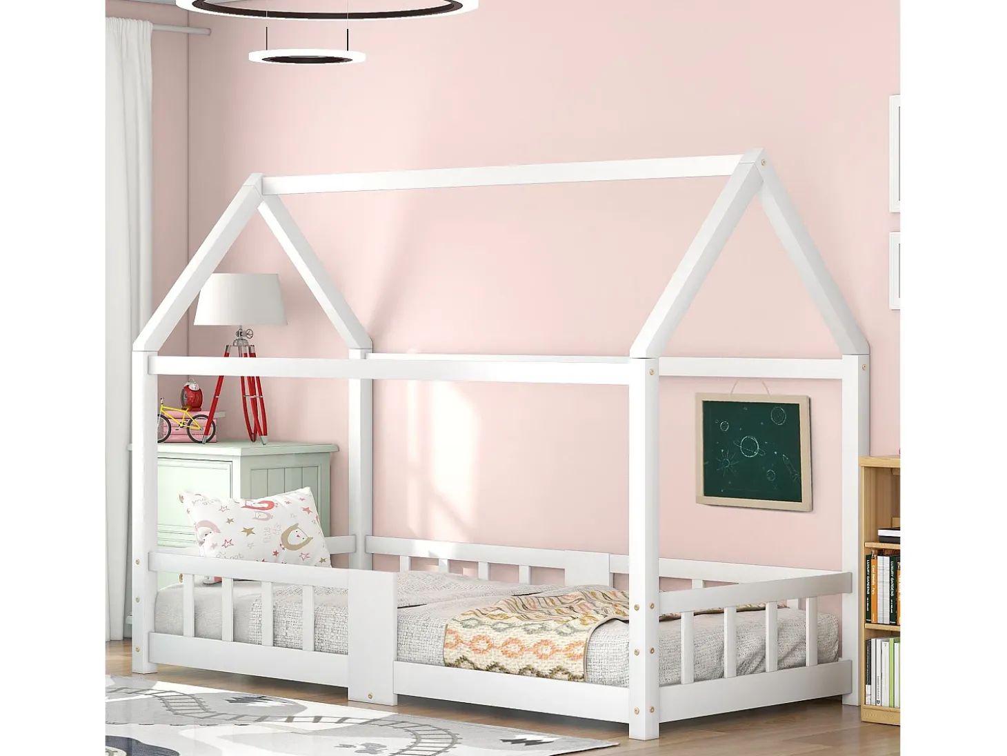 Cama de cabine 90 x 200 cm - Cama de criança com grades de segurança - madeira branca - colchão não incluído