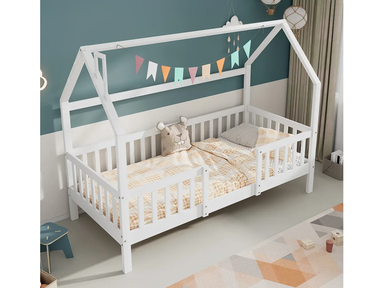 Cama de cabine em madeira - 90x200 cm - com estrados de ripas - Branco