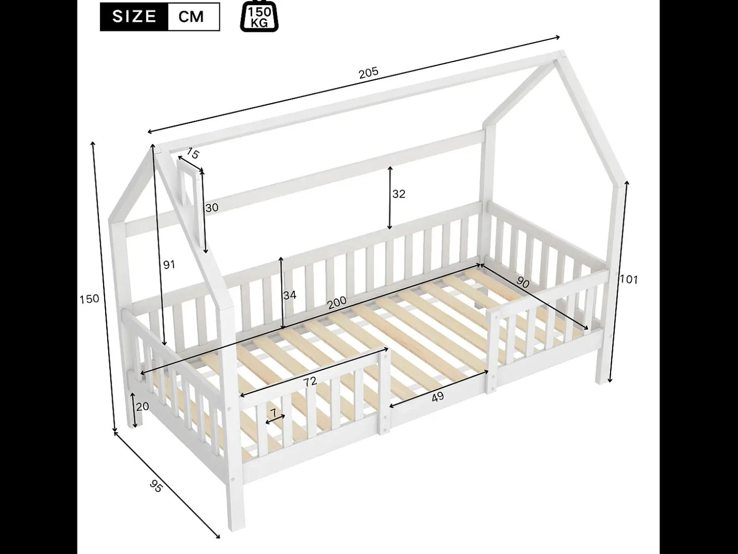 Cama de cabine em madeira - 90x200 cm - com estrados de ripas - Branco