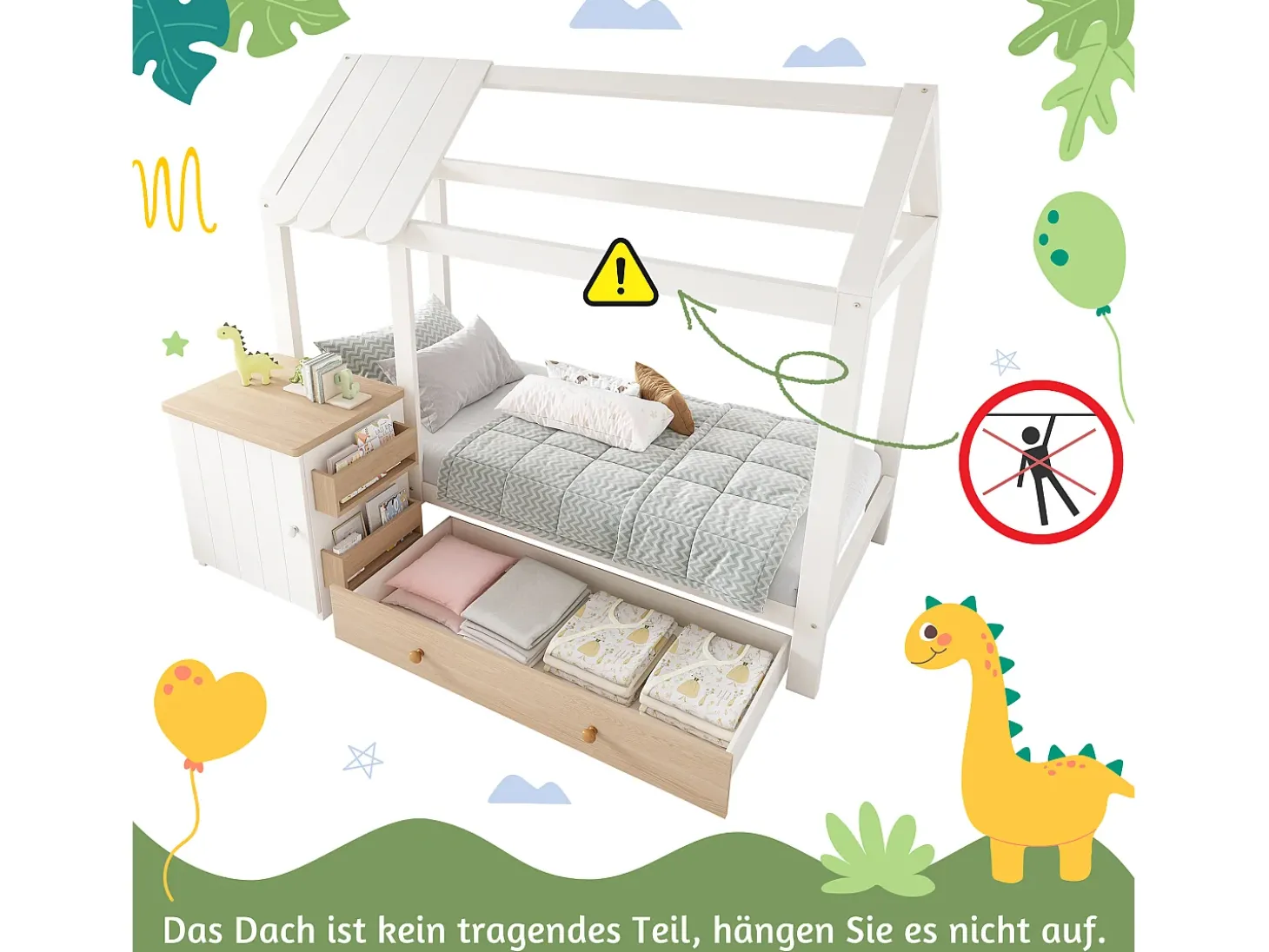 Cama de cabine infantil - 90 x 200 cm - com 1 gaveta + mesa de cabeceira removível - cama de chão - Pinho + MDF - natural + branco