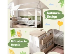 Cama de cabine infantil - 90 x 200 cm - com 1 gaveta + mesa de cabeceira removível - cama de chão - Pinho + MDF - natural + branco