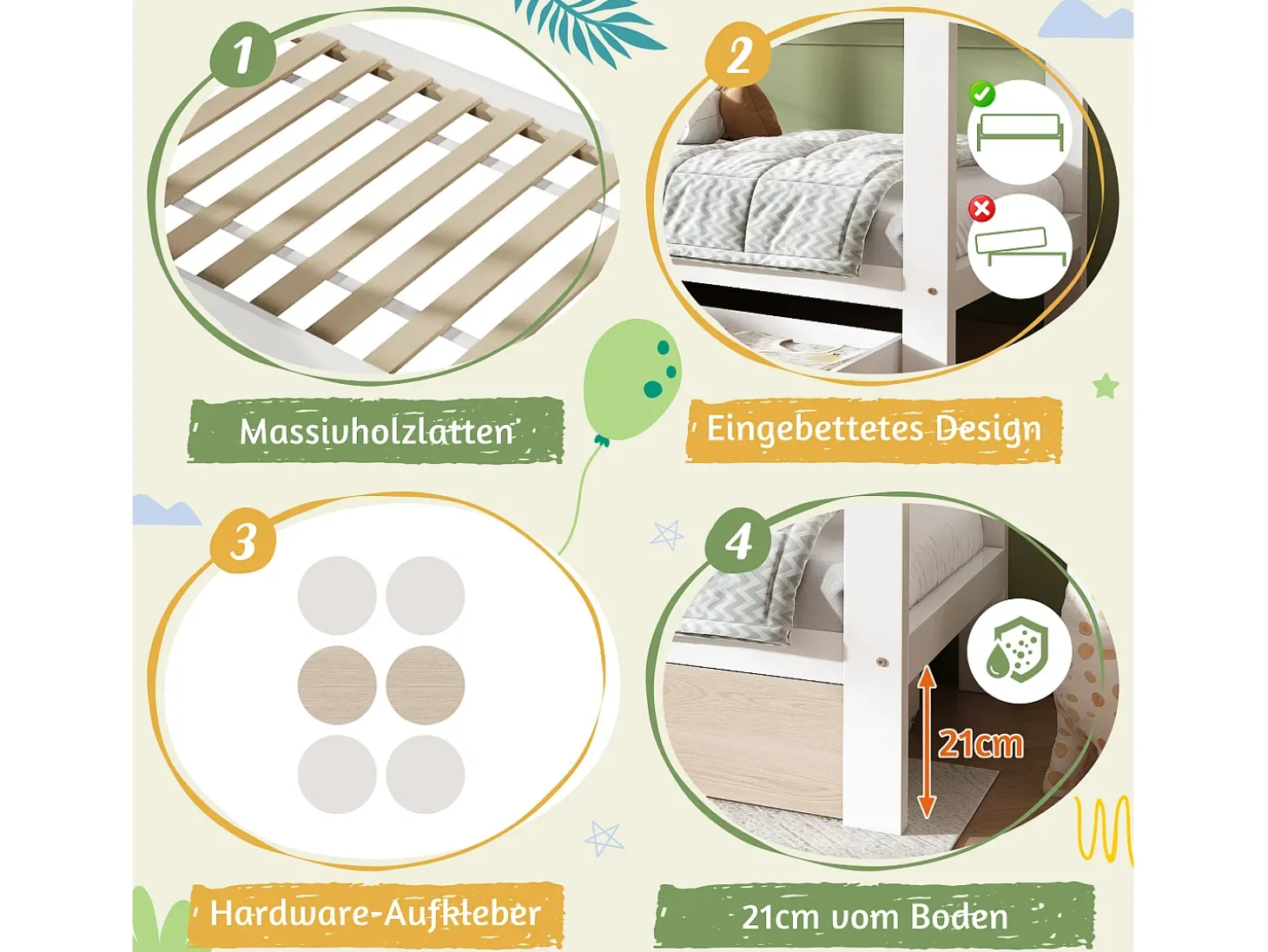 Cama de cabine infantil - 90 x 200 cm - com 1 gaveta + mesa de cabeceira removível - cama de chão - Pinho + MDF - natural + branco