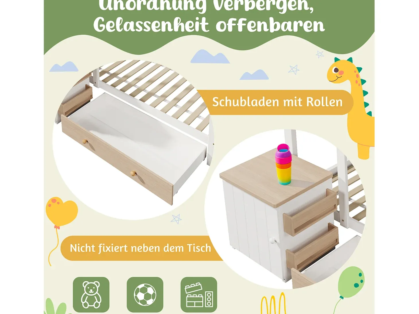 Cama de cabine infantil - 90 x 200 cm - com 1 gaveta + mesa de cabeceira removível - cama de chão - Pinho + MDF - natural + branco