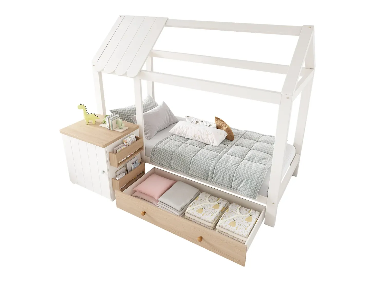 Cama de cabine infantil - 90 x 200 cm - com 1 gaveta + mesa de cabeceira removível - cama de chão - Pinho + MDF - natural + branco