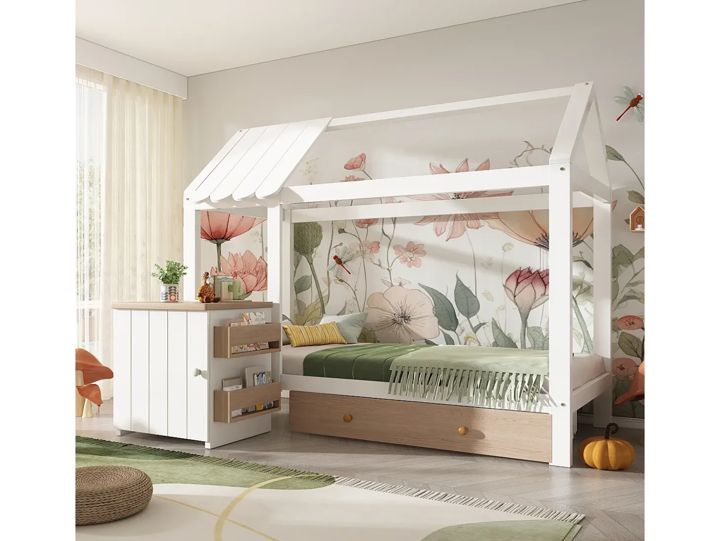 Cama de cabine infantil - 90 x 200 cm - com 1 gaveta + mesa de cabeceira removível - cama de chão - Pinho + MDF - natural + branco