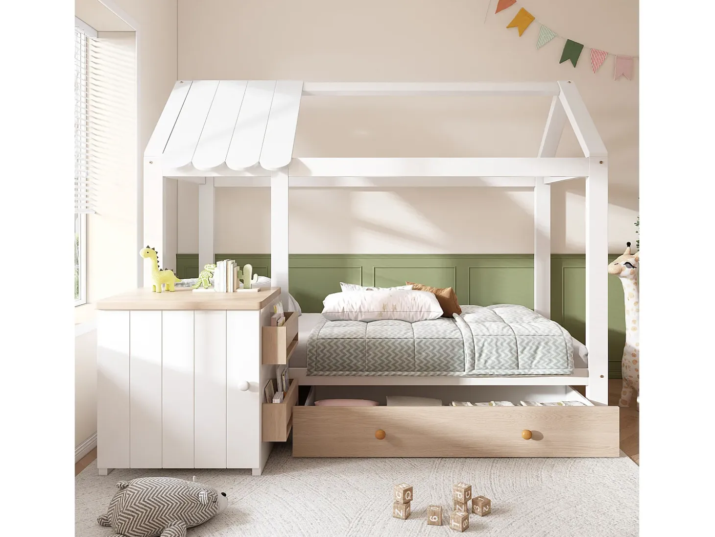 Cama de cabine infantil - 90 x 200 cm - com 1 gaveta + mesa de cabeceira removível - cama de chão - Pinho + MDF - natural + branco