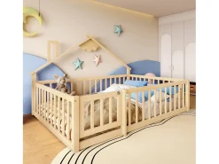 Cama de cabine infantil 140x190cm, estrado de ripas, estrutura de pinho, sem colchão, luz natural