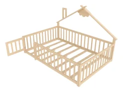 Cama de cabine infantil 140x190cm, estrado de ripas, estrutura de pinho, sem colchão, luz natural