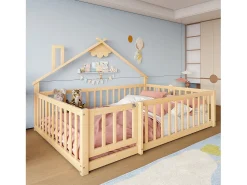 Cama de cabine infantil 140x190cm, estrado de ripas, estrutura de pinho, sem colchão, luz natural