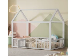 Cama de cabine infantil 90x200cm em pinho, estrado de ripas e grades de segurança incluídas, branca, sem colchão