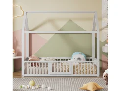 Cama de cabine infantil 90x200cm em pinho, estrado de ripas e grades de segurança incluídas, branca, sem colchão