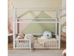 Cama de cabine infantil 90x200cm em pinho, estrado de ripas e grades de segurança incluídas, branca, sem colchão