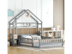 Cama de cabine infantil 140x190cm em pinho com compartimento de arrumação, estrado de ripas incluído, cinzento, sem colchão